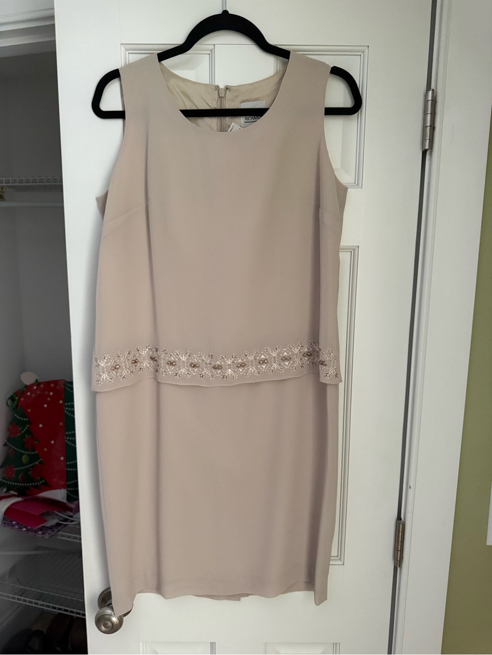 R&M Richards Cream Sleeveless Embellished Overlay Dress